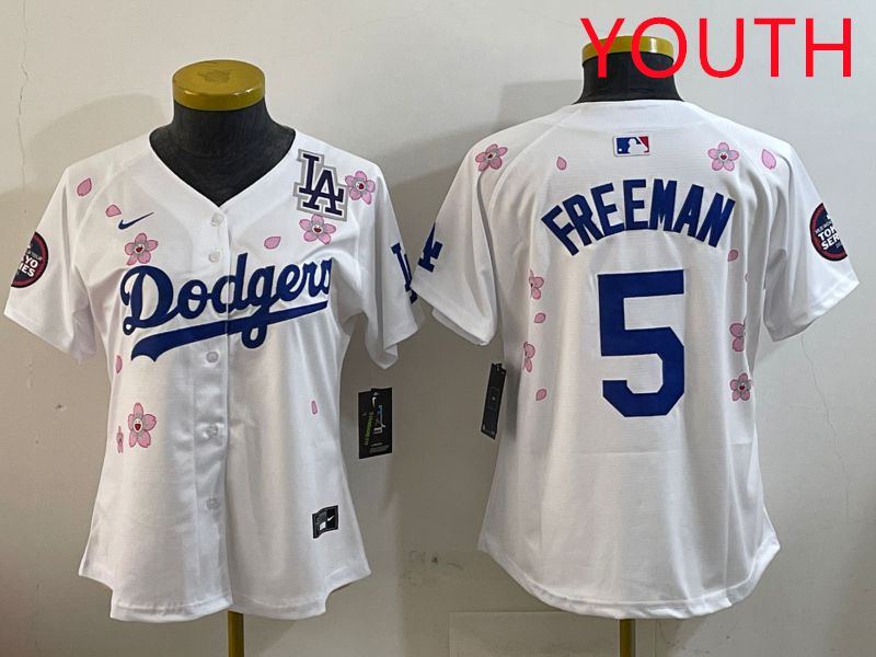 Youth Los Angeles Dodgers #5 Freeman White Sakura Edition 2025 Nike MLB Jersey style 4